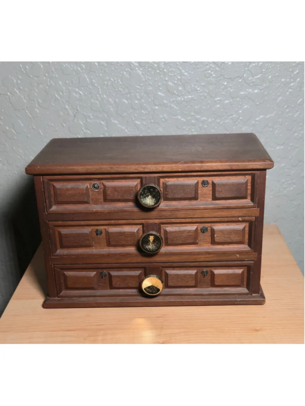 Vintage Mid-Century Wooden 3-Drawer Jewelry Box Chest – Apothecary Style